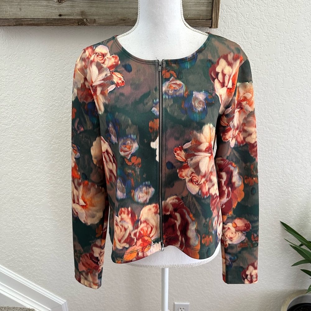 Bryn Walker‎ floral stretch scuba blazer jacket full zip ladies Large